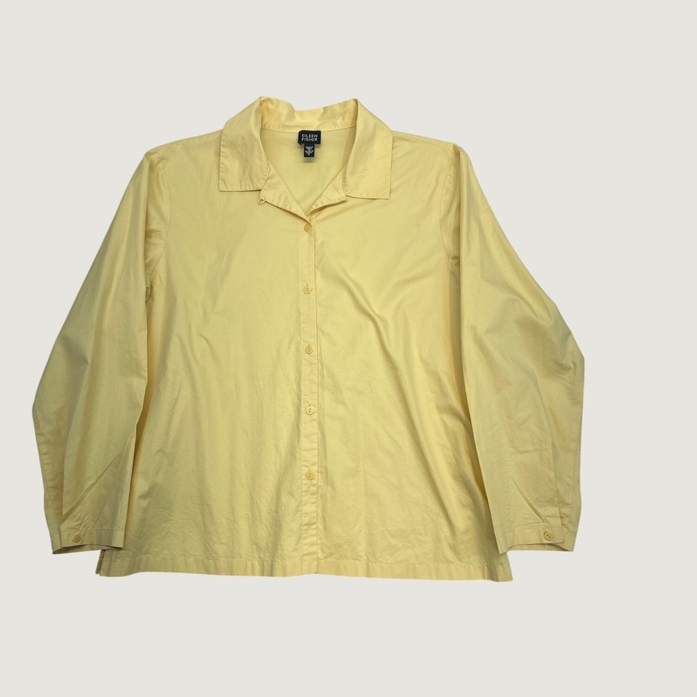 Eileen Fisher Button Down Shirt Women L Yellow Cotton Long Sleeve Breathable